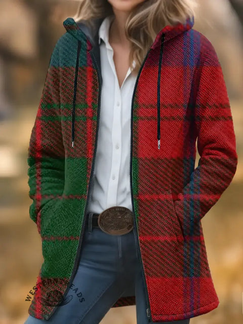Checkered Print Unisex Plush Thick Long-Sleeved Cardigan Coat