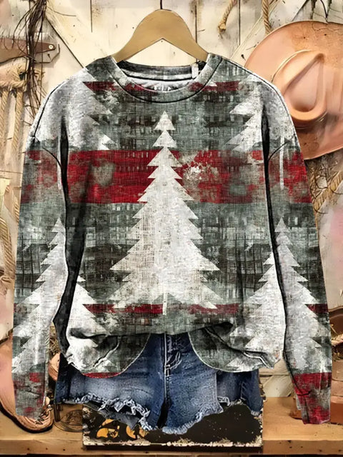 Retro Christmas Texture Print Casual Cotton Sweatshirt