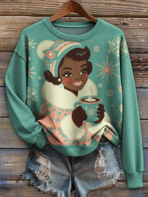 Women's Retro Christmas Art Print Casual Sweatshirt