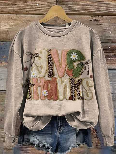 Give Thanks Print Casual Long Sleeve Top