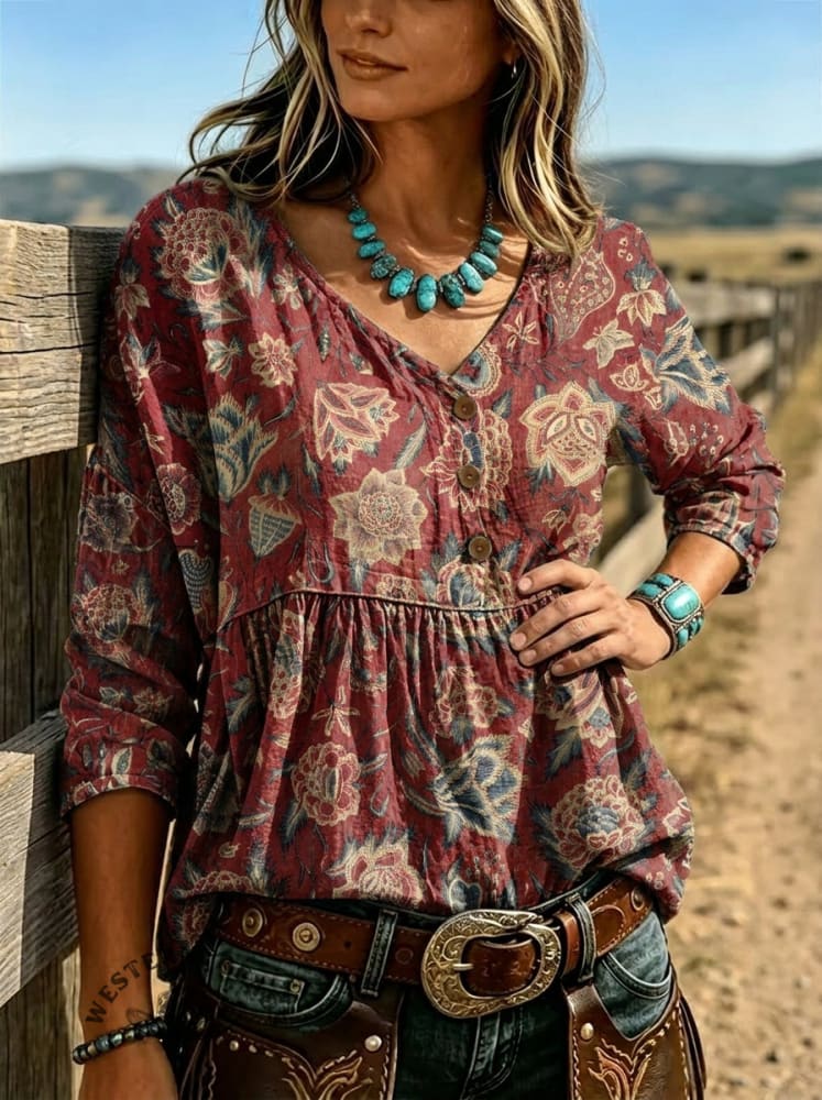Women's Vintage Printed Casual V-Neck 3/4 Sleeve Shirt