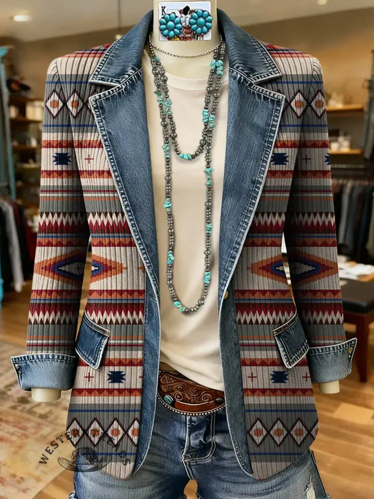 Retro Aztec Art Pattern Print Patchwork Denim Sweater Cardigan Coat