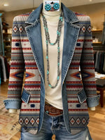 Retro Aztec Art Pattern Print Patchwork Denim Sweater Cardigan Coat