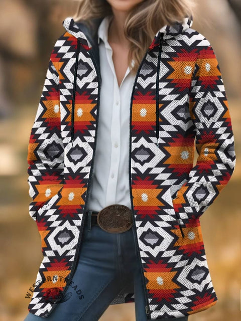 Aztec Print Unisex Plush Thick Long-Sleeved Cardigan Coat