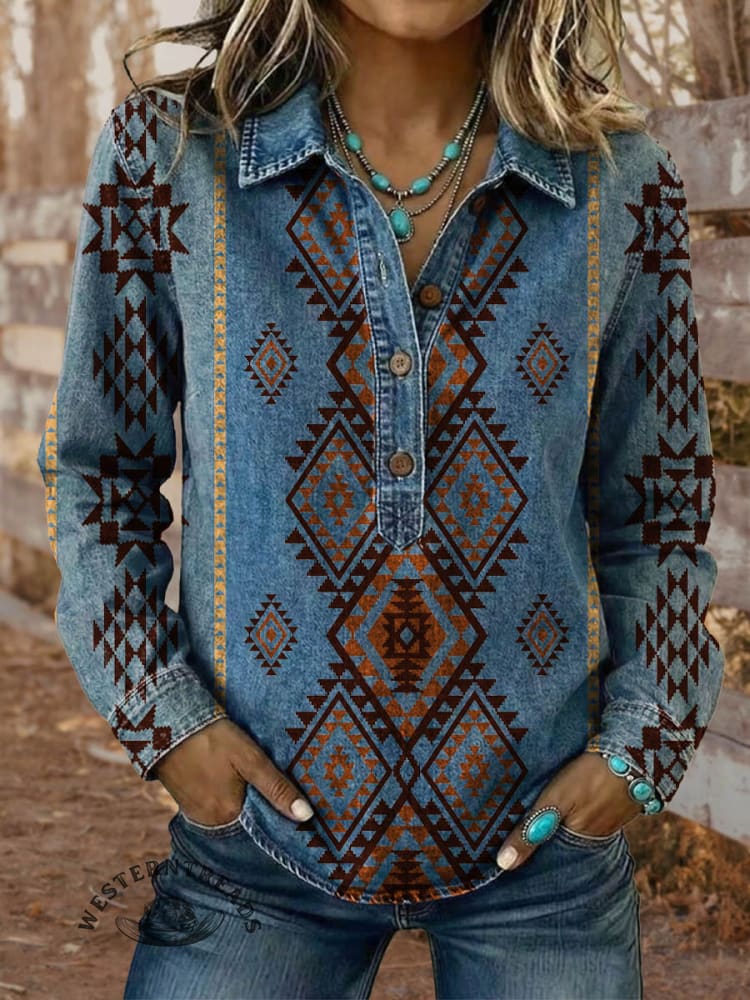 Vintage Elegant Denim Aztec Art Shirt