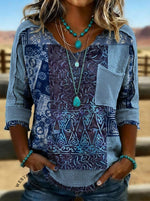 Vintage Print Casual Hollow Patchwork Shirt