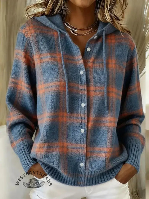 Blue Plaid Button Down Hoodie Sweater