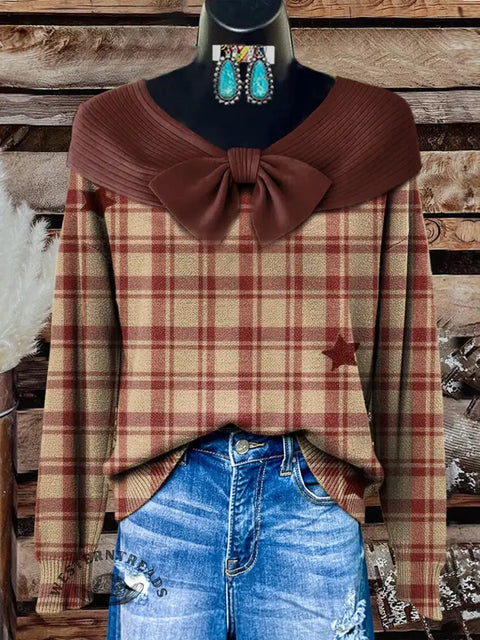 Women's Retro star check Print Casual Cotton sweater