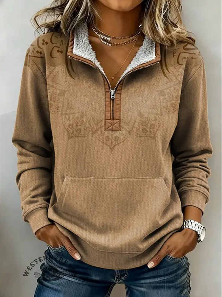 Women's Retro Flower Print Casual Color-blocked Casual Half-zip Cotton Sweatshirt