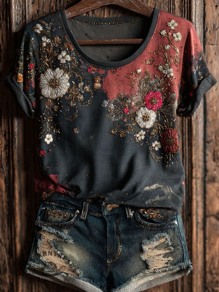 Ethnic Flowers Art Print Casual Short Sleeve T-shirt