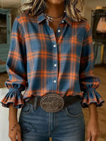 Vintage Plaid Art Print Casual Cotton And Linen Shirt