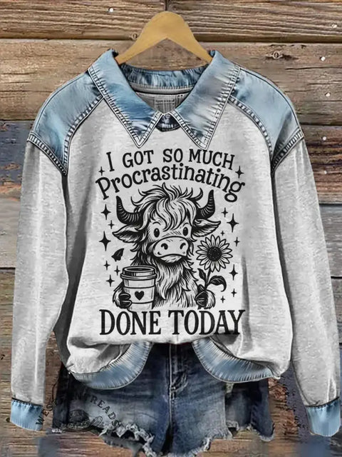 Funny Cow Print Casual Denim Patchwork Sweatshirt