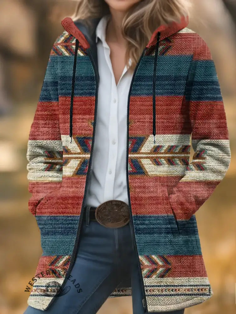 Aztec Print Unisex Plush Thick Long-sleeved Cardigan Coat