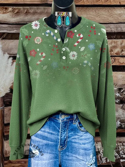 Retro Christmas Floral Print Buttoned Cardigan Sweater