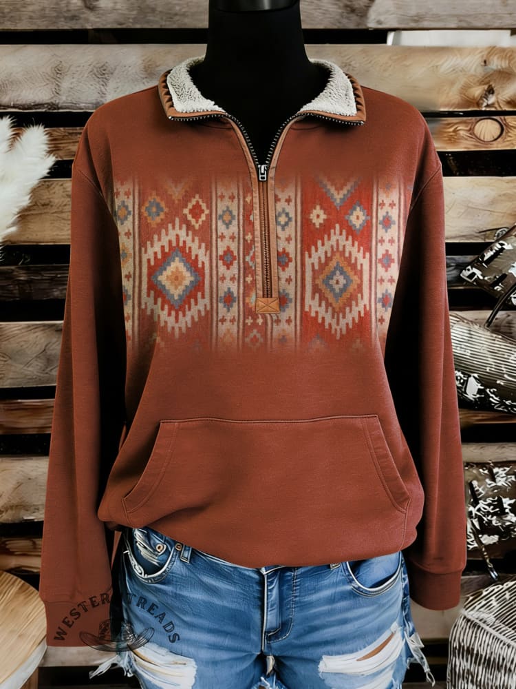 Retro Aztec Print Casual Half-zip Cotton Sweatshirt