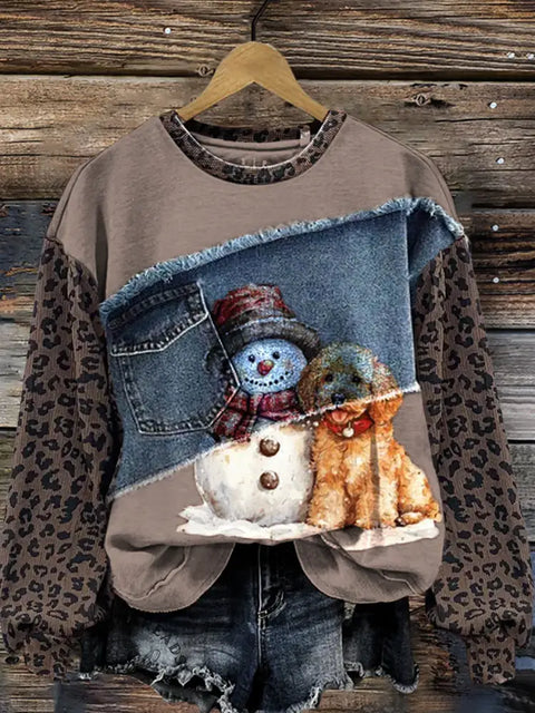 Snowman And Puppy Leopard Print Denim Patchwork Casual Cotton Sweatshirt