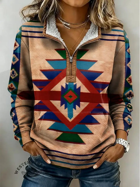 Casual Retro Aztec Art Print Half-Zip Cotton Sweatshirt