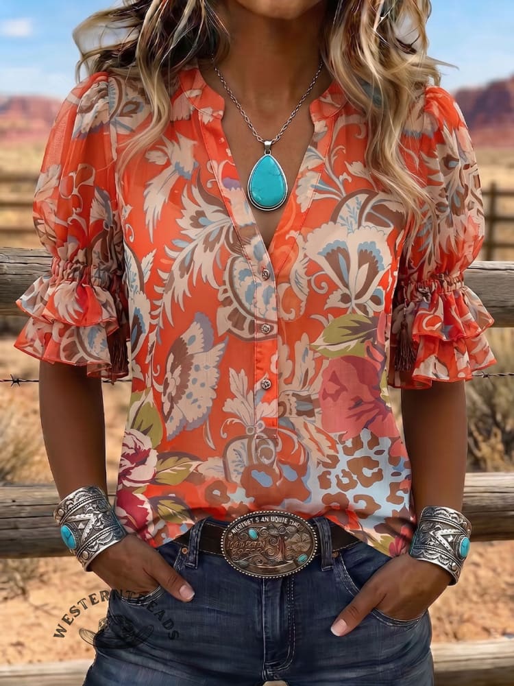Vintage Art Print Comfortable Summer Fabrics Puff Sleeve Casual Shirt
