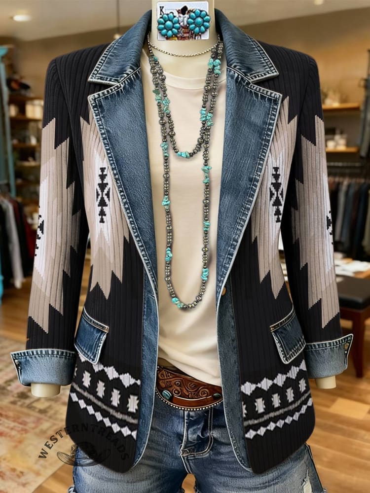 Aztec Print Patchwork Denim Sweater