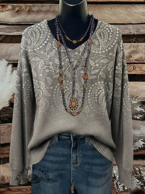 Paisley Art Printed Casual V Neck Sweater