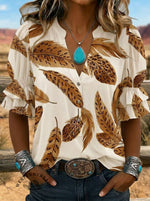 Women's Retro Leopard Feather Puff Sleeve Casual Shirt