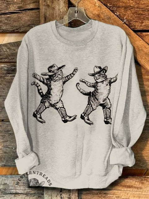 Cowboy Cat Print Casual Cotton Sweatshirt
