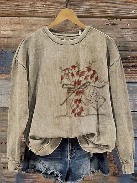 Retro Christmas Cane Casual Cotton Sweatshirt