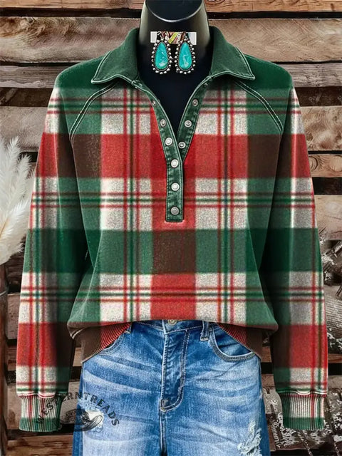 Women's Christmas Plaid Print Casual Cotton Sweatshirt