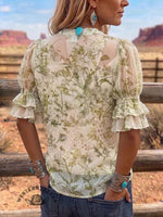 Vintage Art Print Comfortable Summer Fabrics Puff Sleeve Casual Shirt