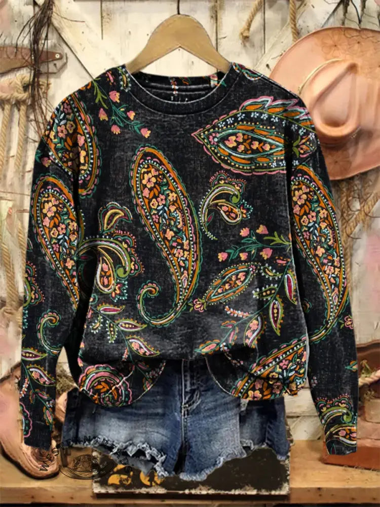 Vintage Paisley Art Print Casual Cotton Sweatshirt