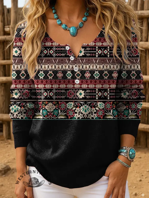 Retro Aztec Print Buttoned Cardigan Sweater