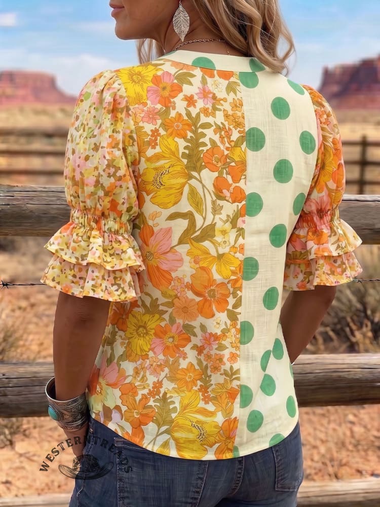 Vintage Art Print Comfortable Summer Fabrics Puff Sleeve Casual Shirt