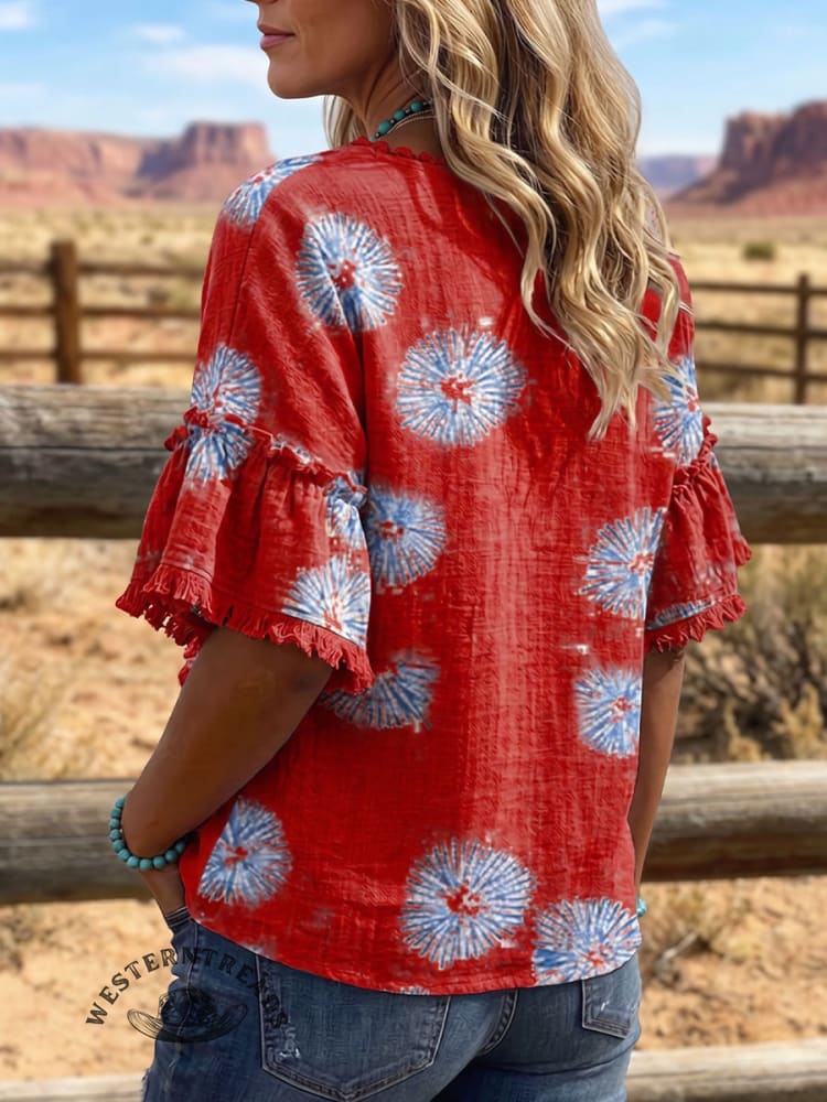 Vintage Art Western V Neck Cotton Linen Patchwork Shirt