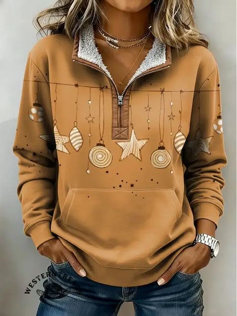 Retro Art Print Casual Cotton Christmas Casual Half-Zip Cotton Sweatshirt