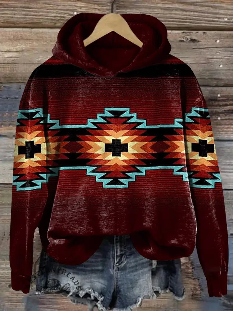 Red Aztec Art Print Casual Cotton Hooded Sweatshirt
