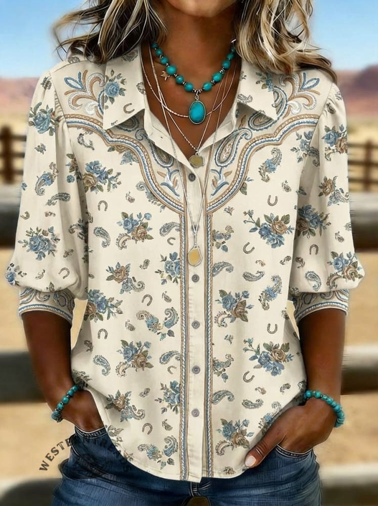 Women's Vintage Print Casual Puff Sleeve Denim Shirt
