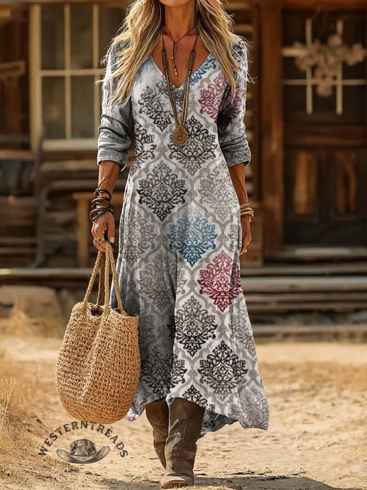 V-neck Retro Print Casual Loose Western Dress
