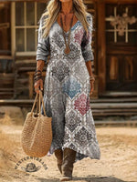 V-neck Retro Print Casual Loose Western Dress