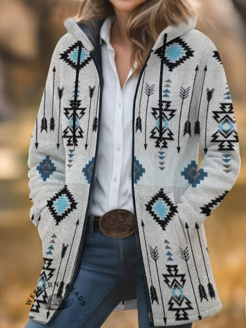 Aztec Print Unisex Plush Thick Long-sleeved Cardigan Coat