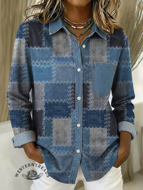 Women's Patchwork Print Patchwork Denim Casual Cotton Shirt