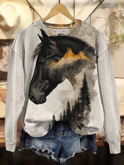 Horse Art Print Casual Cotton Sweatshirt