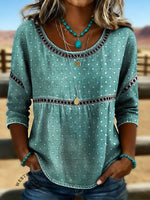 Women's Vintage Art Print Casual 3/4 Sleeves Hollow Lace Denim Shirt