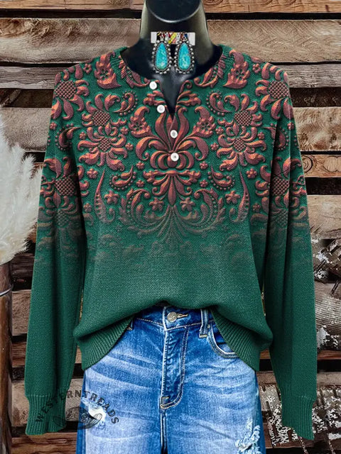 Retro Gold Foil Visual Gradient Print Buttoned Cardigan Sweater