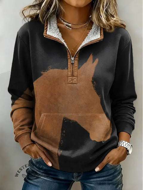 Retro Horse Art Print Casual Half-Zip Cotton Sweatshirt