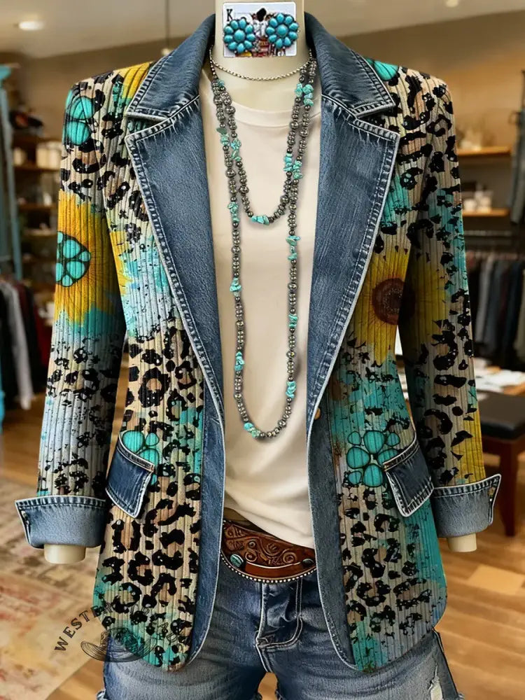 Turquoise Sunflower Leopard Print Patchwork Denim Sweater Cardigan Coat
