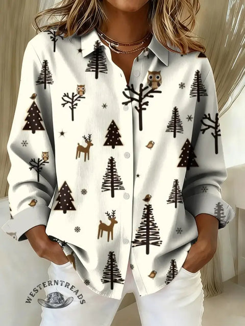 Women's Forest Art Print Casual Cotton Shirt