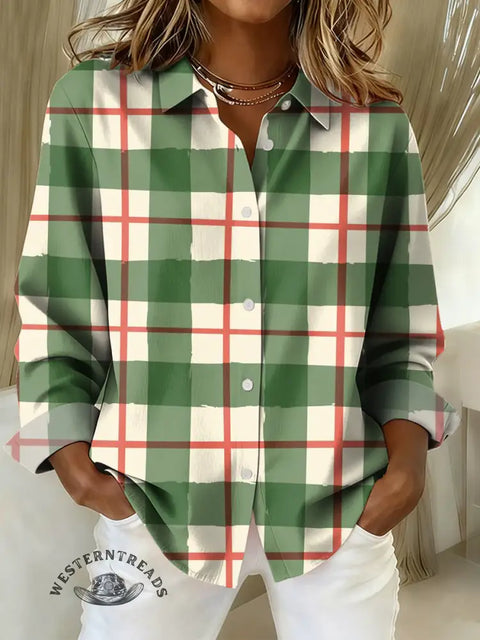 Women's Christmas Plaid Print Casual Cotton Shirt