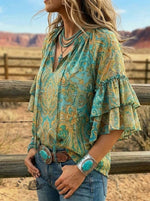 Vintage Paisley Art Print Casual Lace Up Ruffle Shirt