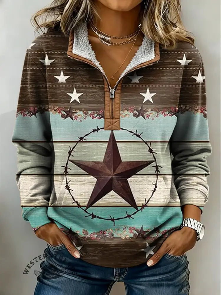 Women's Retro Star Print Casual Color-blocked Casual Half-zip Cotton Sweatshirt