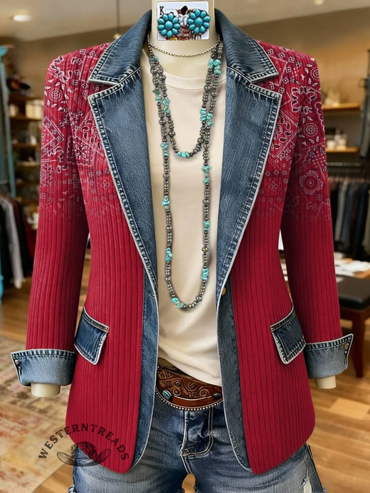 Paisley Print Patchwork Denim Sweater